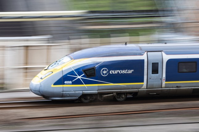 A Eurostar passenger train speeding towards the Channel Tunnel.