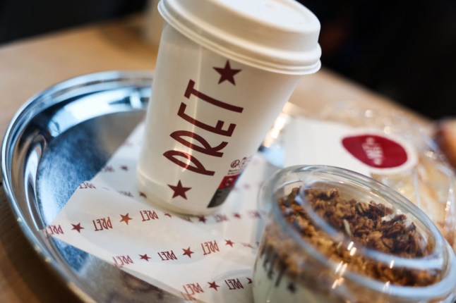 Pret logo is seen on a cup of coffee in this illustration photo taken in Berlin, Germany on November 10, 2024. (Photo by Jakub Porzycki/NurPhoto via Getty Images)